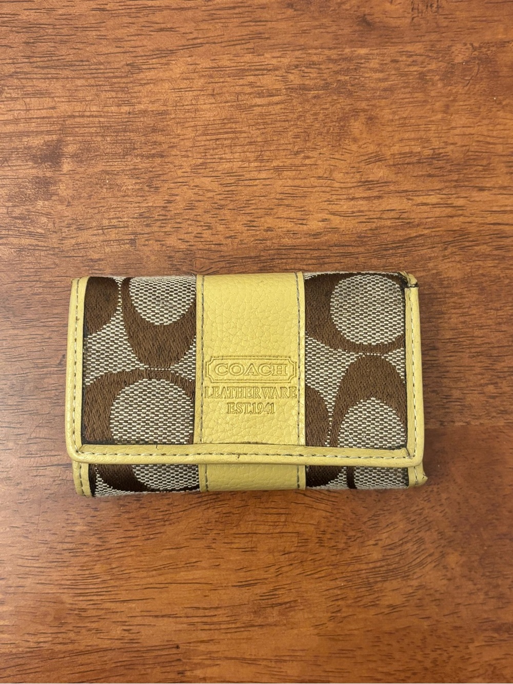Coach Brown Signature Canvas Tri-Fold Wallet and Key Holder with Yellow Trim